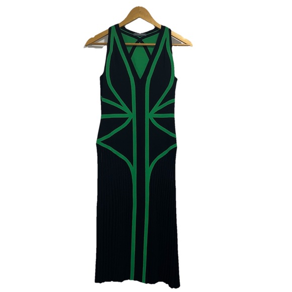 Alexander McQueen Vintage Knit Dress Black Green Y2K Geometric Pleated Midi M - Picture 2 of 16